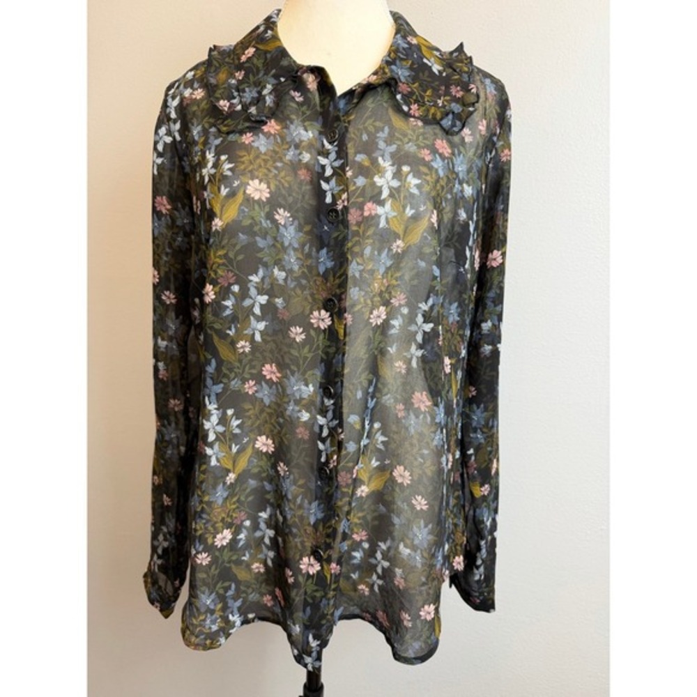 Cabi Small Black Floral Sheer Top Blouse Button Front Long Sleeve Goth Cottage